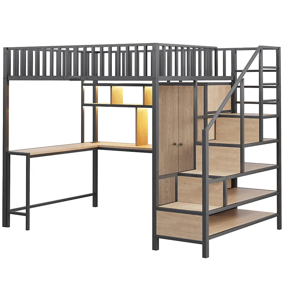 ModernLuxe Lit mezzanine en métal 140x200 cm avec LED - avec étagères - armoire+tiroir - échelle de rangement - noir (sans matelas)