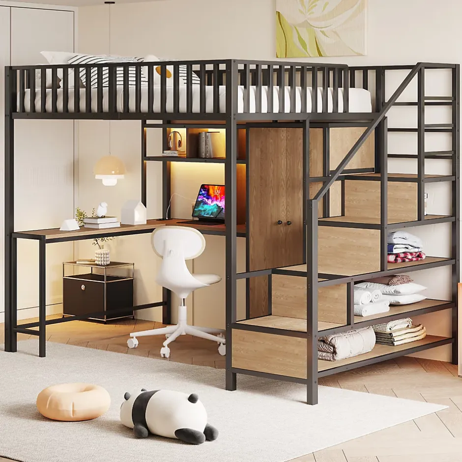 ModernLuxe Lit mezzanine en métal 140x200 cm avec LED - avec étagères - armoire+tiroir - échelle de rangement - noir (sans matelas)