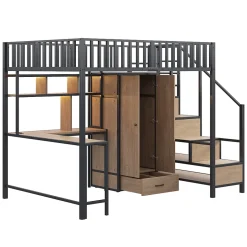 ModernLuxe Lit mezzanine en métal 140x200 cm avec LED - avec étagères - armoire+tiroir - échelle de rangement - noir (sans matelas)