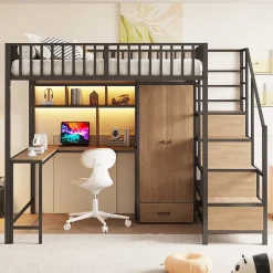 ModernLuxe Lit mezzanine en métal 140x200 cm avec LED - avec étagères - armoire+tiroir - échelle de rangement - noir (sans matelas)