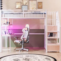 ModernLuxe Lit mezzanine en métal 90x200 cm avec LED - prise de recharge - échelle de rangement - étagères et bureau - blanc (sans matelas) Outlet