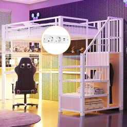 ModernLuxe Lit mezzanine en métal 90x200 cm avec LED - prise de recharge - échelle de rangement - étagères et bureau - blanc (sans matelas) Outlet