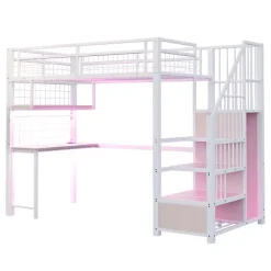 ModernLuxe Lit mezzanine en métal 90x200 cm avec LED - prise de recharge - échelle de rangement - étagères et bureau - blanc (sans matelas) Outlet