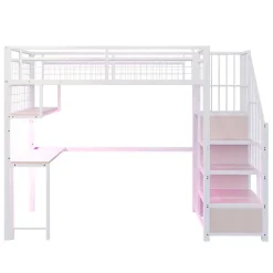 ModernLuxe Lit mezzanine en métal 90x200 cm avec LED - prise de recharge - échelle de rangement - étagères et bureau - blanc (sans matelas) Outlet