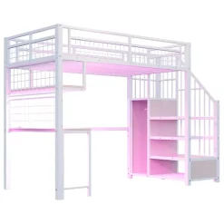ModernLuxe Lit mezzanine en métal 90x200 cm avec LED - prise de recharge - échelle de rangement - étagères et bureau - blanc (sans matelas) Outlet