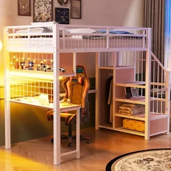 ModernLuxe Lit mezzanine en métal 90x200 cm avec LED - prise de recharge - échelle de rangement - étagères et bureau - blanc (sans matelas) Outlet