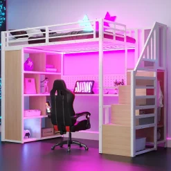 ModernLuxe Lit mezzanine en métal 90x200 cm avec armoire et bureau - avec LED - compartiments de rangement - blanc (sans matelas)