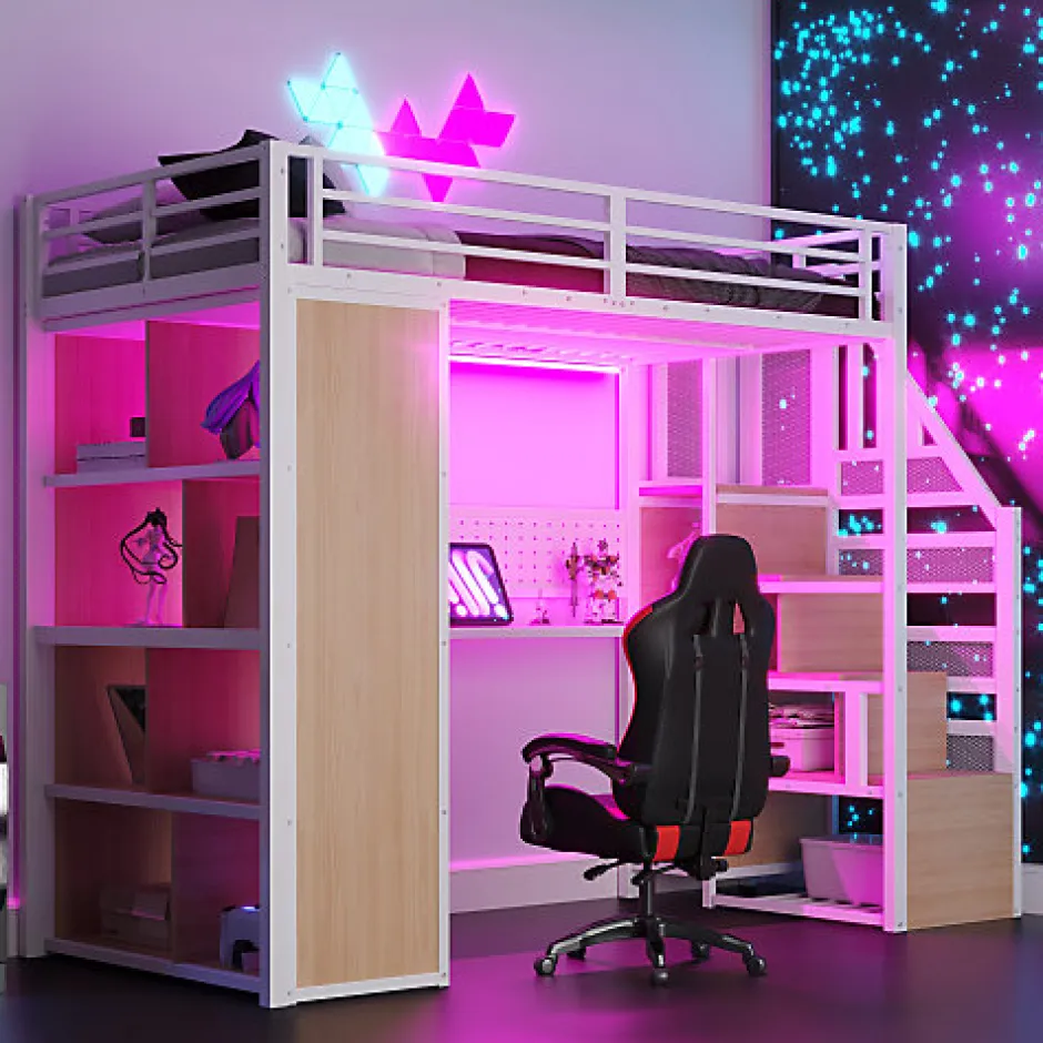 ModernLuxe Lit mezzanine en métal 90x200 cm avec armoire et bureau - avec LED - compartiments de rangement - blanc (sans matelas)