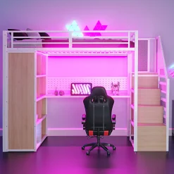 ModernLuxe Lit mezzanine en métal 90x200 cm avec armoire et bureau - avec LED - compartiments de rangement - blanc (sans matelas)