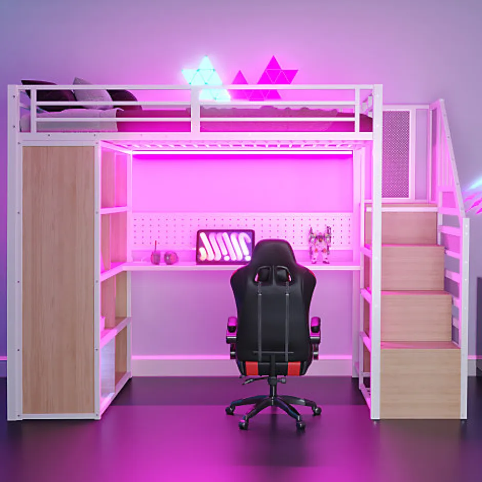 ModernLuxe Lit mezzanine en métal 90x200 cm avec armoire et bureau - avec LED - compartiments de rangement - blanc (sans matelas)