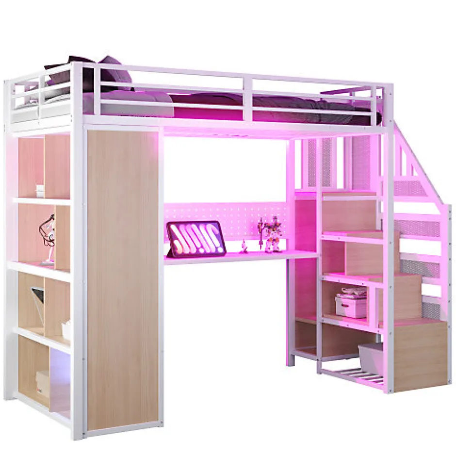 ModernLuxe Lit mezzanine en métal 90x200 cm avec armoire et bureau - avec LED - compartiments de rangement - blanc (sans matelas)