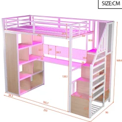 ModernLuxe Lit mezzanine en métal 90x200 cm avec armoire et bureau - avec LED - compartiments de rangement - blanc (sans matelas)
