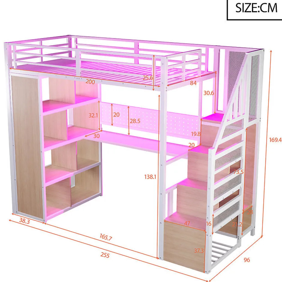 ModernLuxe Lit mezzanine en métal 90x200 cm avec armoire et bureau - avec LED - compartiments de rangement - blanc (sans matelas)