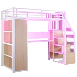 ModernLuxe Lit mezzanine en métal 90x200 cm avec armoire et bureau - avec LED - compartiments de rangement - blanc (sans matelas)