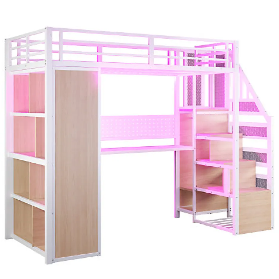 ModernLuxe Lit mezzanine en métal 90x200 cm avec armoire et bureau - avec LED - compartiments de rangement - blanc (sans matelas)