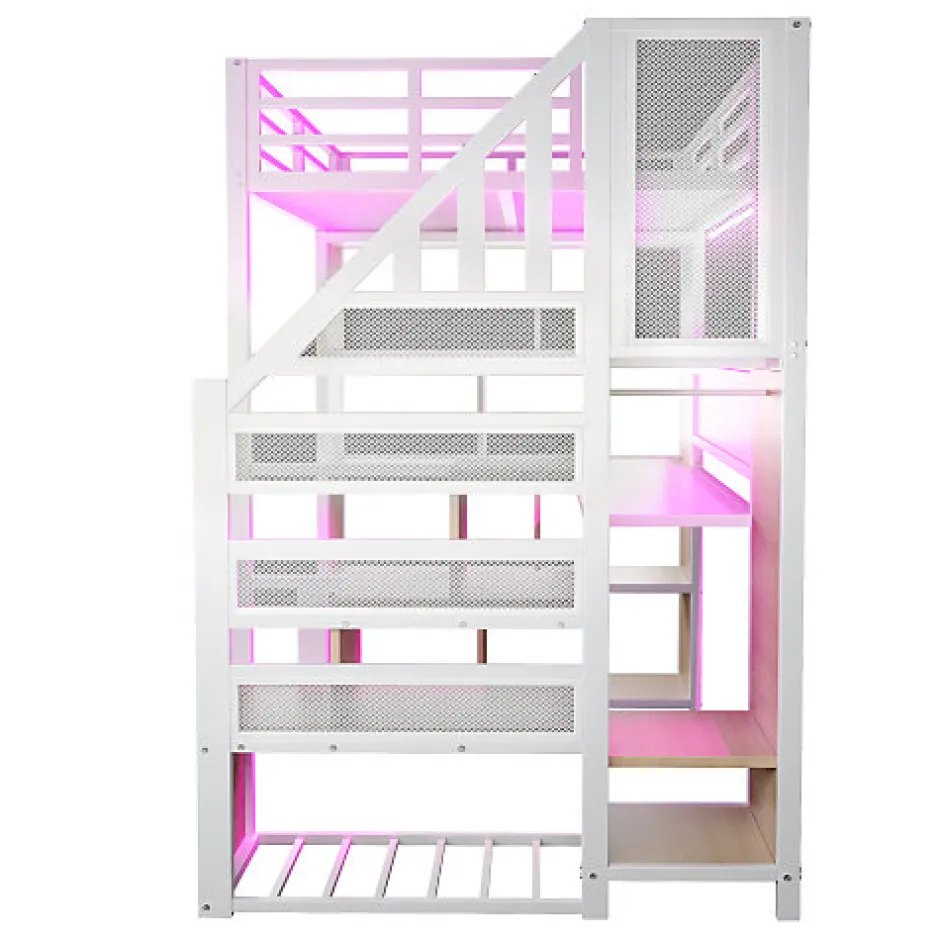 ModernLuxe Lit mezzanine en métal 90x200 cm avec armoire et bureau - avec LED - compartiments de rangement - blanc (sans matelas)