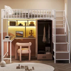 ModernLuxe Lit mezzanine en métal 140x200 cm avec LED - avec étagères - armoire+tiroir - échelle de rangement - blanc (sans matelas) Online