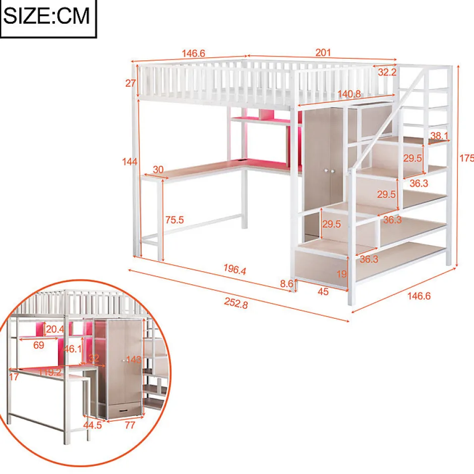 ModernLuxe Lit mezzanine en métal 140x200 cm avec LED - avec étagères - armoire+tiroir - échelle de rangement - blanc (sans matelas) Online