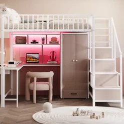 ModernLuxe Lit mezzanine en métal 140x200 cm avec LED - avec étagères - armoire+tiroir - échelle de rangement - blanc (sans matelas) Online