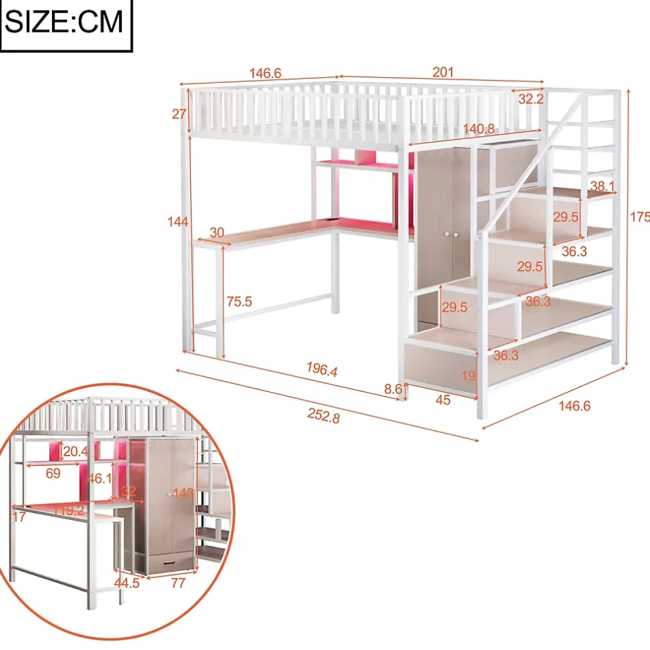 ModernLuxe Lit mezzanine en métal 140x200 cm avec LED - avec étagères - armoire+tiroir - échelle de rangement - blanc (sans matelas) Online