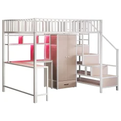 ModernLuxe Lit mezzanine en métal 140x200 cm avec LED - avec étagères - armoire+tiroir - échelle de rangement - blanc (sans matelas) Online