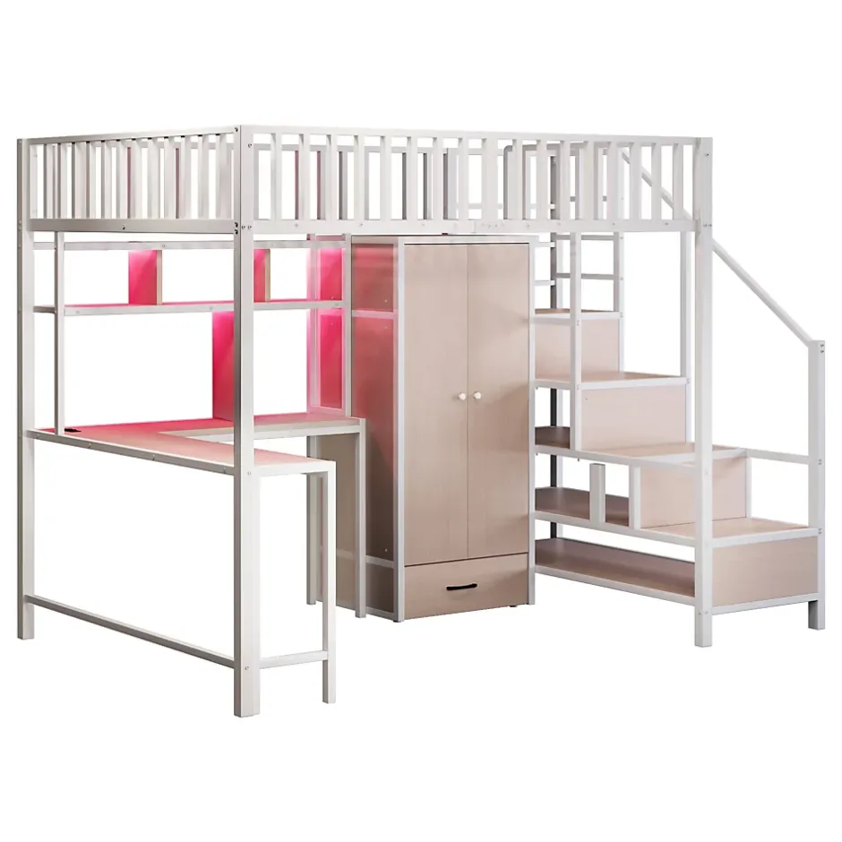 ModernLuxe Lit mezzanine en métal 140x200 cm avec LED - avec étagères - armoire+tiroir - échelle de rangement - blanc (sans matelas) Online