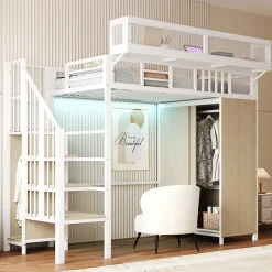ModernLuxe Lit mezzanine en métal 90x200cm avec armoire - échelle de sécurité - avec LED - barrières de sécurité - blanc (sans matelas)