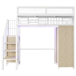 ModernLuxe Lit mezzanine en métal 90x200cm avec armoire - échelle de sécurité - avec LED - barrières de sécurité - blanc (sans matelas)