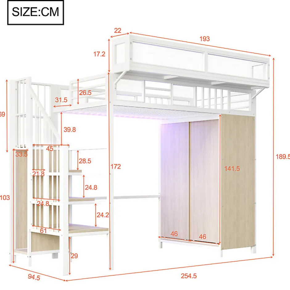 ModernLuxe Lit mezzanine en métal 90x200cm avec armoire - échelle de sécurité - avec LED - barrières de sécurité - blanc (sans matelas)