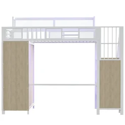 ModernLuxe Lit mezzanine en métal 90x200cm avec armoire - échelle de sécurité - avec LED - barrières de sécurité - blanc (sans matelas)