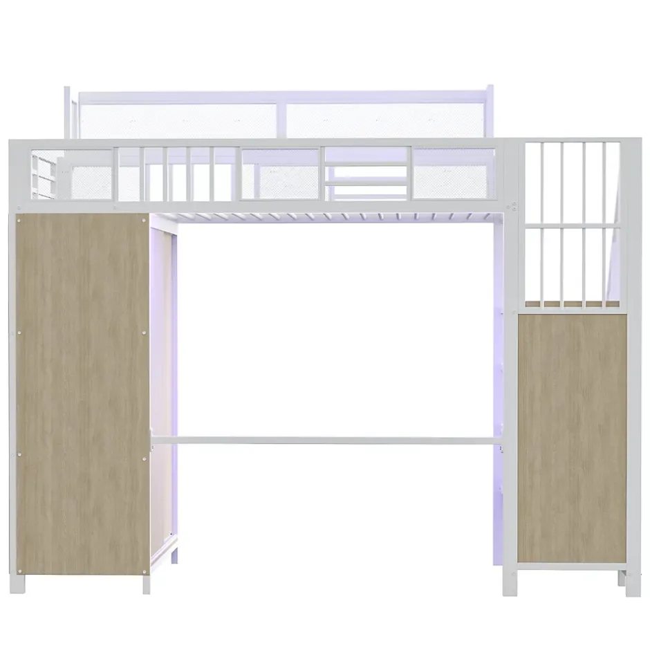 ModernLuxe Lit mezzanine en métal 90x200cm avec armoire - échelle de sécurité - avec LED - barrières de sécurité - blanc (sans matelas)