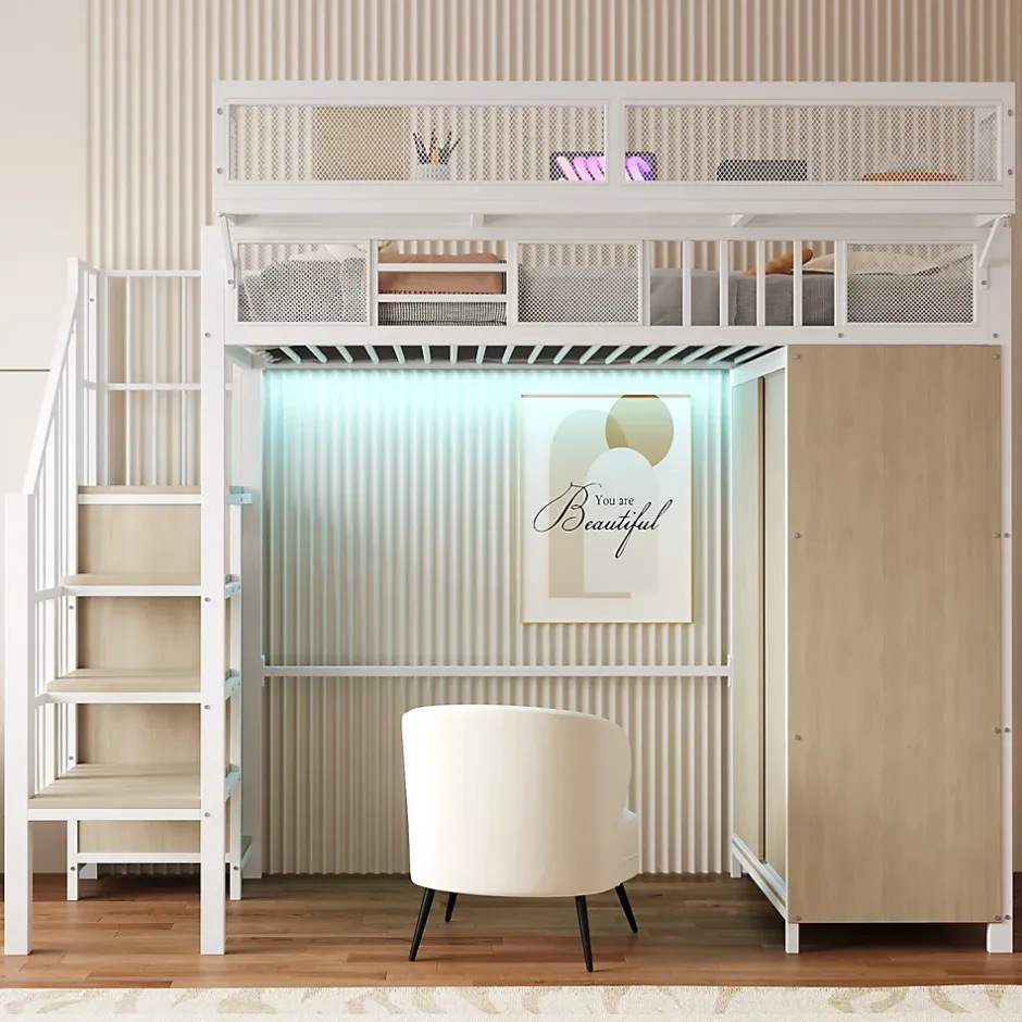 ModernLuxe Lit mezzanine en métal 90x200cm avec armoire - échelle de sécurité - avec LED - barrières de sécurité - blanc (sans matelas)