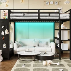 ModernLuxe Lit mezzanine en métal 140x200cm avec LED - Armoire ouverte et 2 tiroirs - Étagères+panneaux de rangement - Noir (sans matelas)