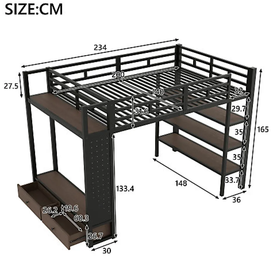 ModernLuxe Lit mezzanine en métal 140x200cm avec LED - Armoire ouverte et 2 tiroirs - Étagères+panneaux de rangement - Noir (sans matelas)