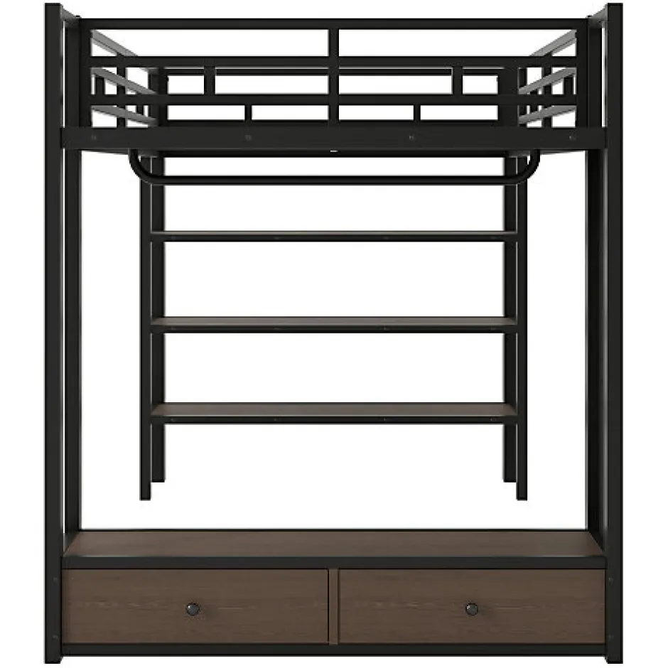 ModernLuxe Lit mezzanine en métal 140x200cm avec LED - Armoire ouverte et 2 tiroirs - Étagères+panneaux de rangement - Noir (sans matelas)
