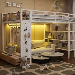 ModernLuxe Lit mezzanine en métal 140x200cm avec LED - Armoire ouverte et 2 tiroirs - Étagères+panneaux de rangement - Blanc (sans matelas) Hot