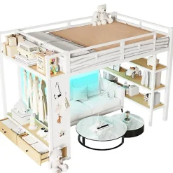 ModernLuxe Lit mezzanine en métal 140x200cm avec LED - Armoire ouverte et 2 tiroirs - Étagères+panneaux de rangement - Blanc (sans matelas) Hot