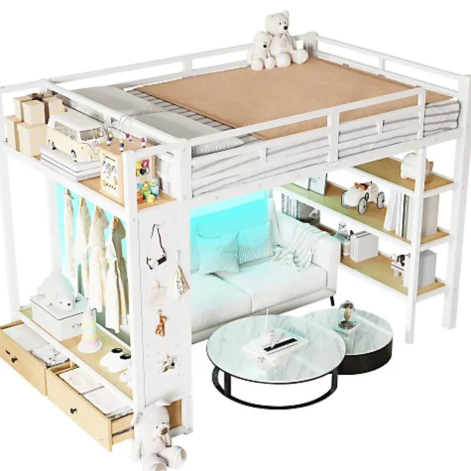 ModernLuxe Lit mezzanine en métal 140x200cm avec LED - Armoire ouverte et 2 tiroirs - Étagères+panneaux de rangement - Blanc (sans matelas) Hot