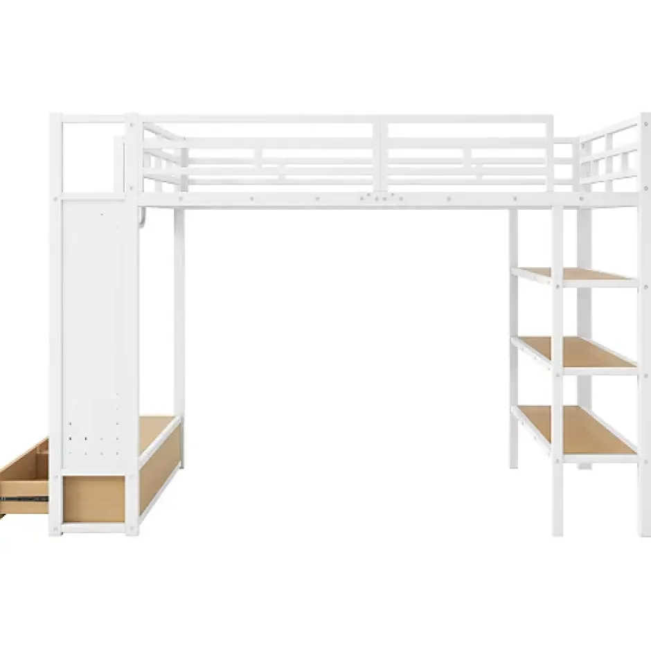 ModernLuxe Lit mezzanine en métal 140x200cm avec LED - Armoire ouverte et 2 tiroirs - Étagères+panneaux de rangement - Blanc (sans matelas) Hot