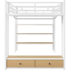 ModernLuxe Lit mezzanine en métal 140x200cm avec LED - Armoire ouverte et 2 tiroirs - Étagères+panneaux de rangement - Blanc (sans matelas) Hot