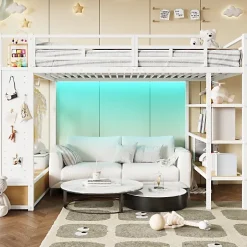 ModernLuxe Lit mezzanine en métal 140x200cm avec LED - Armoire ouverte et 2 tiroirs - Étagères+panneaux de rangement - Blanc (sans matelas) Hot