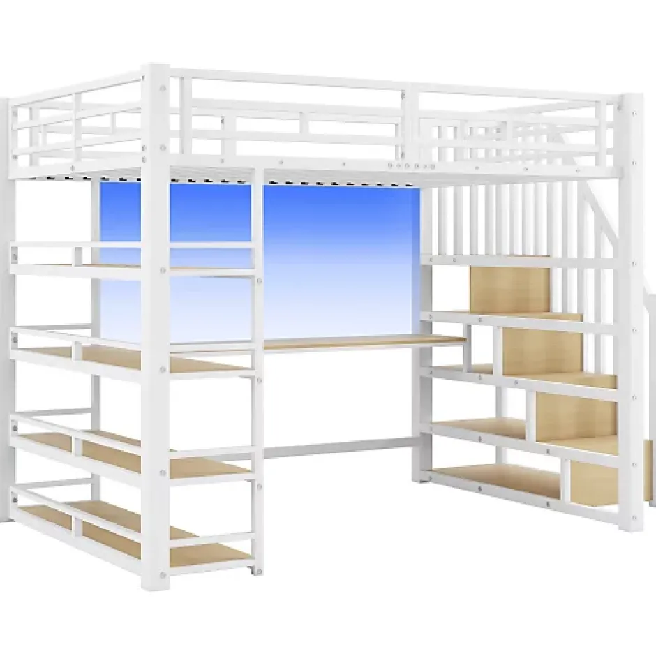 ModernLuxe Lit mezzanine en métal 140x200cm - Avec bureau et compartiments de rangement - Avec LED et port USB - MDF - Blanc (sans matelas) Online