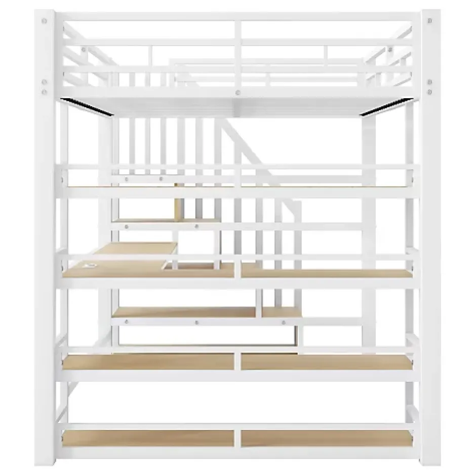 ModernLuxe Lit mezzanine en métal 140x200cm - Avec bureau et compartiments de rangement - Avec LED et port USB - MDF - Blanc (sans matelas) Online