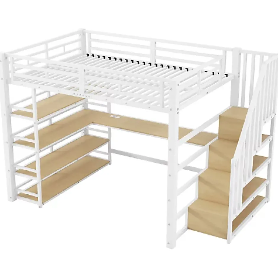 ModernLuxe Lit mezzanine en métal 140x200cm - Avec bureau et compartiments de rangement - Avec LED et port USB - MDF - Blanc (sans matelas) Online