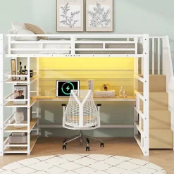 ModernLuxe Lit mezzanine en métal 140x200cm - Avec bureau et compartiments de rangement - Avec LED et port USB - MDF - Blanc (sans matelas) Online