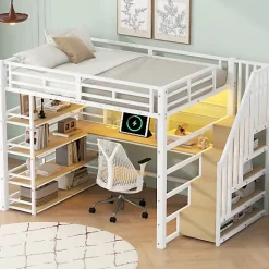 ModernLuxe Lit mezzanine en métal 140x200cm - Avec bureau et compartiments de rangement - Avec LED et port USB - MDF - Blanc (sans matelas) Online