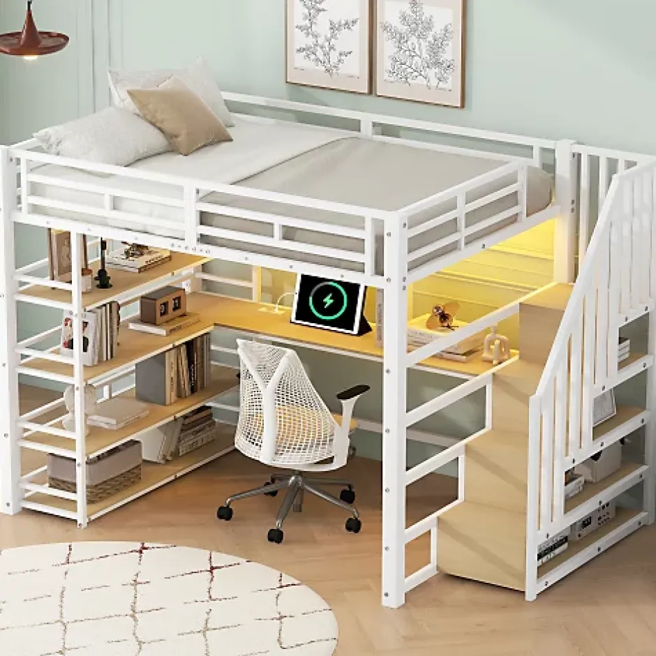 ModernLuxe Lit mezzanine en métal 140x200cm - Avec bureau et compartiments de rangement - Avec LED et port USB - MDF - Blanc (sans matelas) Online