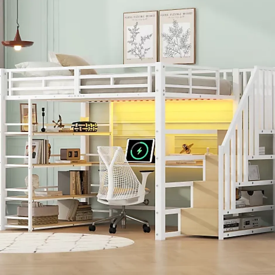ModernLuxe Lit mezzanine en métal 140x200cm - Avec bureau et compartiments de rangement - Avec LED et port USB - MDF - Blanc (sans matelas) Online