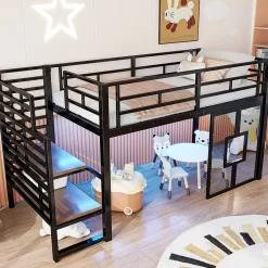 ModernLuxe Lit mezzanine en métal 90x200cm - Avec escalier de rangement - Avec éclairage LED - Design fenêtre - Noir ( sans matelas ) Discount