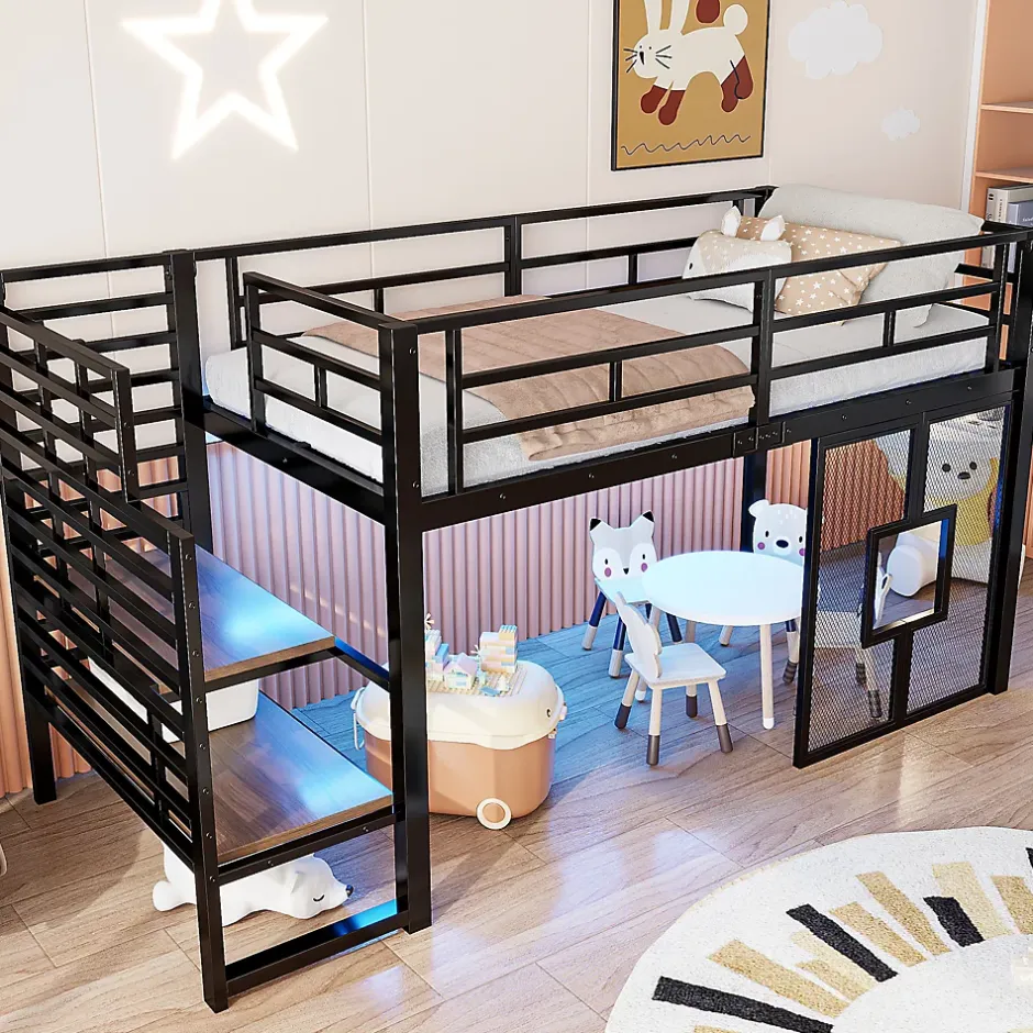 ModernLuxe Lit mezzanine en métal 90x200cm - Avec escalier de rangement - Avec éclairage LED - Design fenêtre - Noir ( sans matelas ) Discount